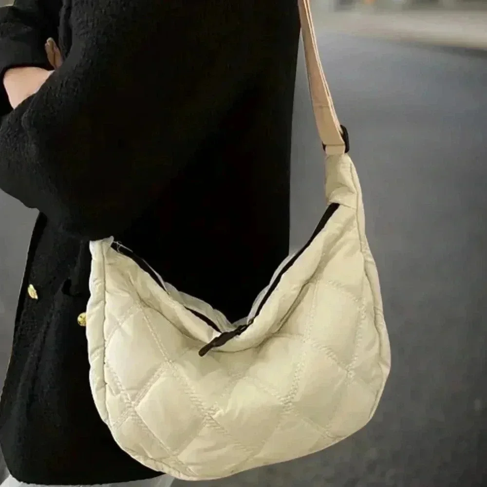 Quilted Nylon Crossbody Hobo Bag in Cream